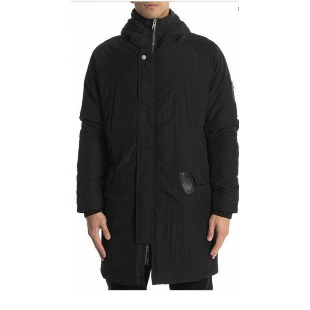 Slate & Stone Long Hooded Black Coat With Leather Accents SZ S